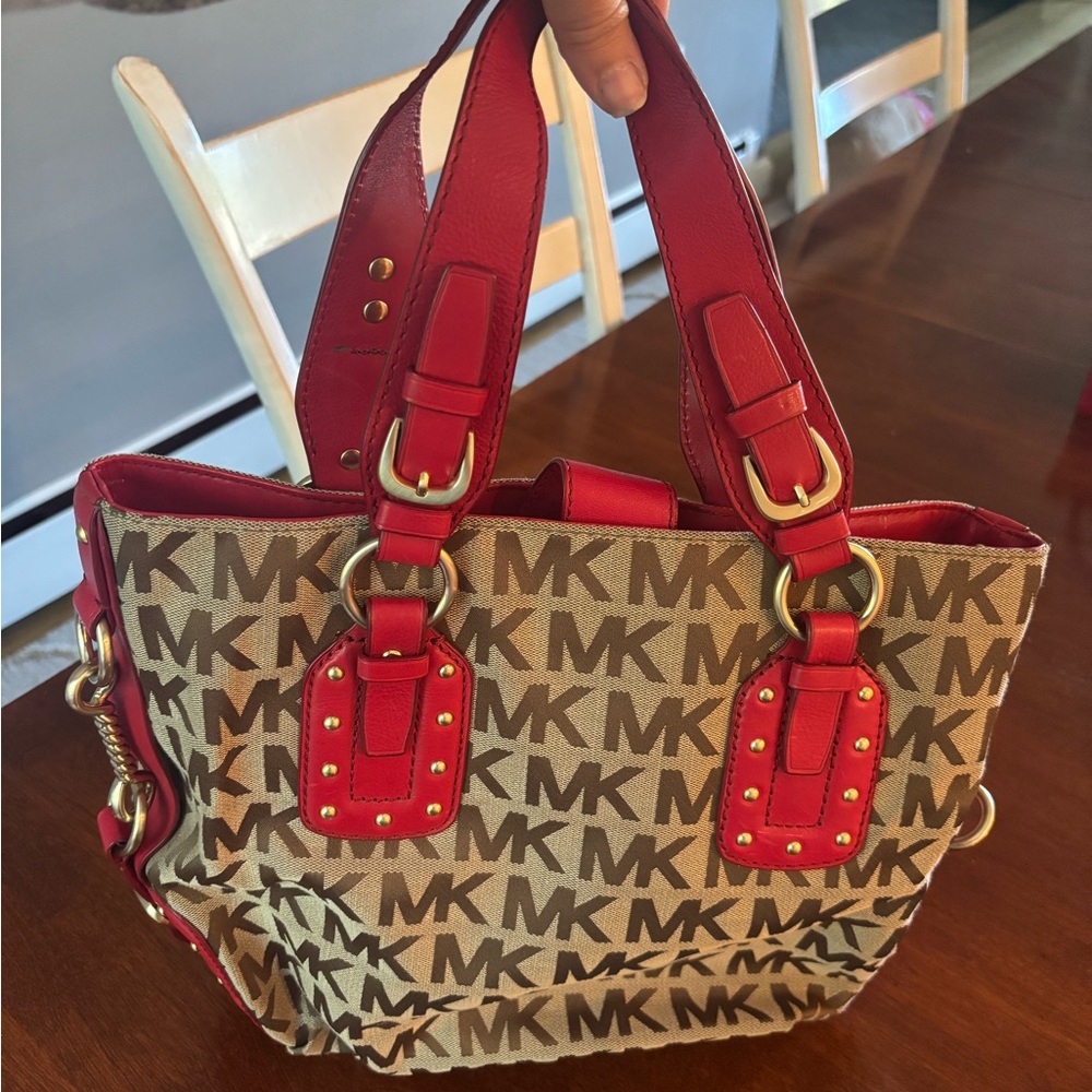 Michael Kors Red and Brown Tote Bag with Monogram Print